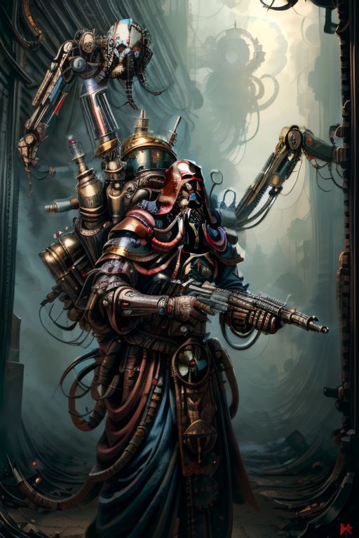 ((masterpiece,best quality)), absurdres, BREAK
mechanical arms, robes, hood, BREAK
((techpriest)), cyborg, mechanical face, mechanical limbs, gas mask, mechanical tentacles, (mechanical backpack), blue cloak, BREAK
1other, solo, holding gun, weapon, gun, firearm, BREAK
(MahabharataPunkAI),