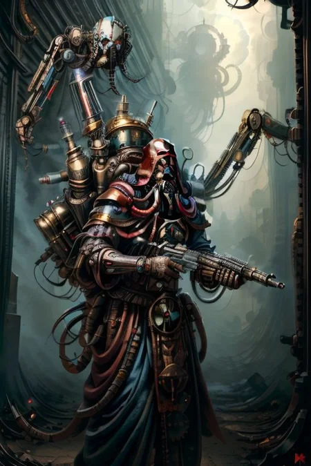 ((masterpiece,best quality)), absurdres, BREAK
mechanical arms, robes, hood, BREAK
((techpriest)), cyborg, mechanical face, mechanical limbs, gas mask, mechanical tentacles, (mechanical backpack), blue cloak, BREAK
1other, solo, holding gun, weapon, gun, firearm, BREAK
(MahabharataPunkAI),