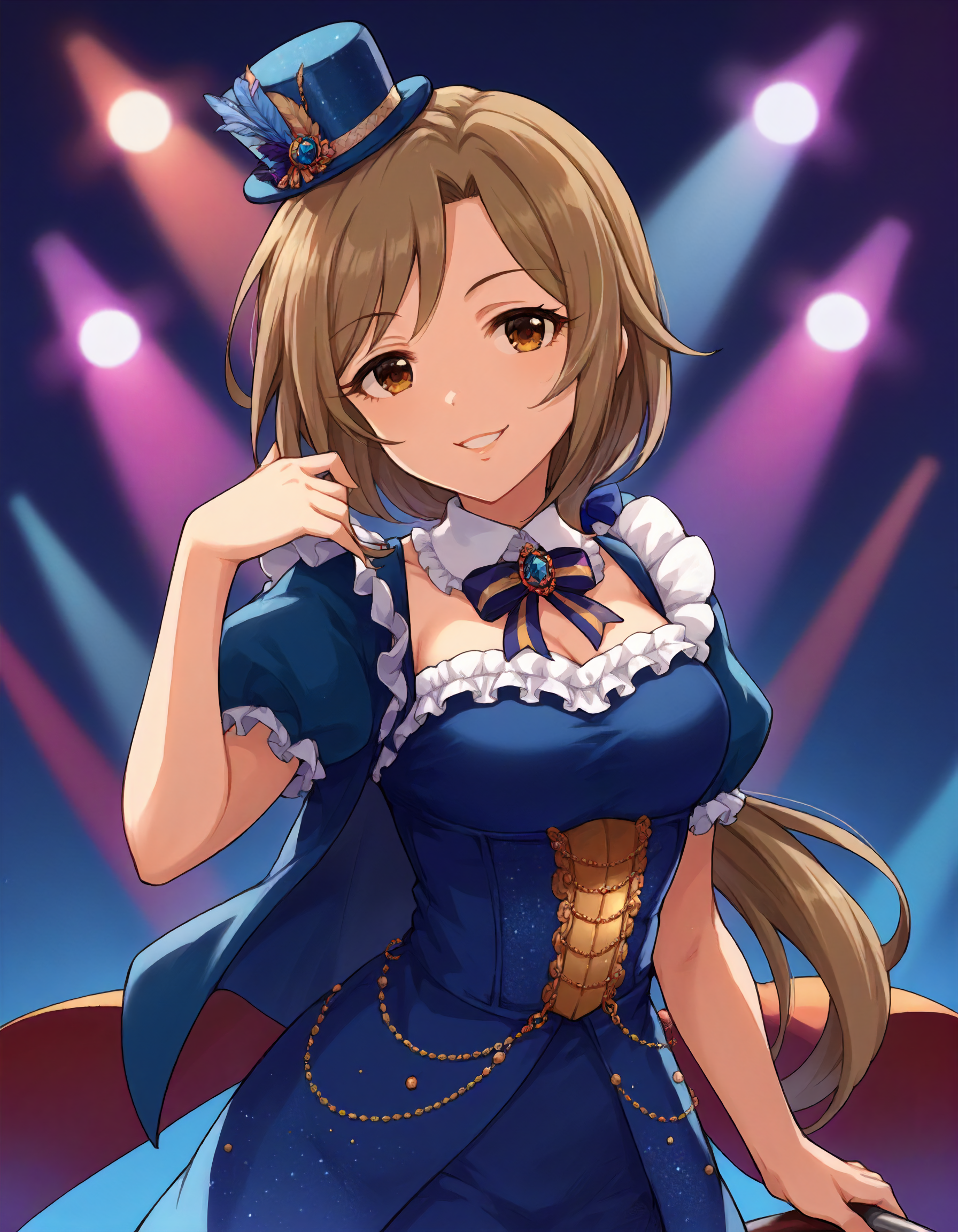 score_9,score_8_up,score_7_up,1girl,solo,cowboy shot,looking at viewer,smile,stage lights,
<lora:ijuuinmegumi_ponyXLV6:0.8>,cgim,
brown hair,low ponytail,brown eyes,
top hat,blue dress,frills