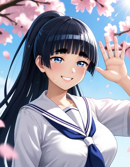Score_9,Score_8_up,Score_7_up,<lora:Ebino_Mei_Pony:1>,ebino mei,long hair,high ponytail,blunt bangs,thick eyebrows,eyebrows visible through hair,blue eyes,tall female,large breasts,
a beautiful girl with tears streaming down her cheeks,smiling gently,waving goodbye,emotional farewell scene,dramatic lighting with soft backlight and rim light,sunlight shining through her hair,sparkling tears catching the light,wind blowing her hair and clothes slightly,soft glow,cinematic atmosphere,bittersweet expression,close-up portrait,ultra-detailed face and eyes,shallow depth of field,soft focus background,
in a Japanese school uniform,cherry blossoms falling,sunset background,waving,narrowed eyes,i'm tilting my head,tears,smile,sad,