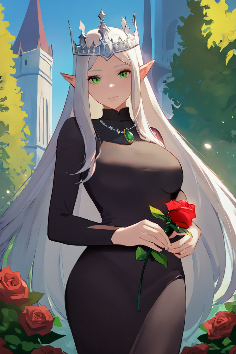 masterpiece, best quality, highres, newest, 1girl, solo, mature female, elf, pointy ears, breasts, long hair, very long hair, white hair, green eyes, portrait, looking at viewer, medium breasts, high collar, long dress, black dress, crown, silver crown, holding, holding flower, rose, red rose, necklace, jewelry, closed mouth, cowboy shot, standing, outdoors, castle <lora:Ani-B - Basic [LoRA] - NoobAI-XL EPS 1.0:0.8>