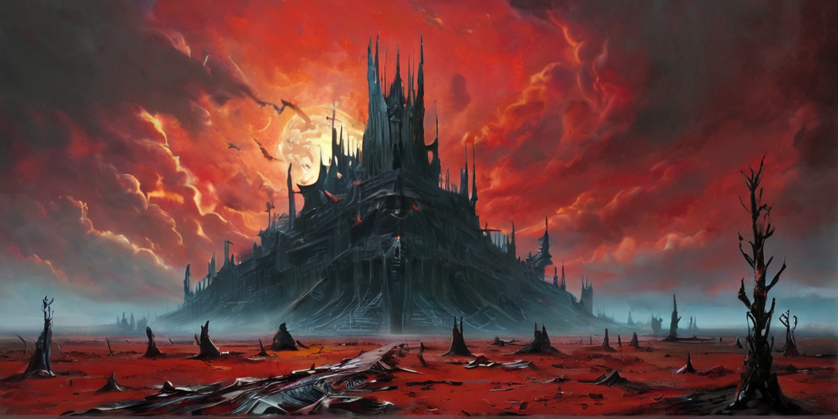 masterpiece, best quality, amazing quality, very aesthetic, absurdres, scenery, official art, A barren plain under a blood-red sky, where massive, skeletal remains pierce the ground.