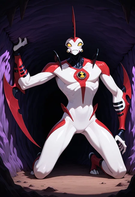 masterpiece, best quality, amazing quality, very aesthetic, absurdres, newest,
,waybig, no humans, solo, alien, horn, single horn, yellow eyes, arm blade,
gtscramped, inside cave, purple cave,