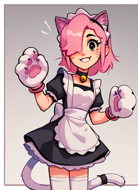 score_9, score_8_up, score_7_up , <lora:pawlette:1> 1girl, human , pawlette ,animal ears, cat tail , pink hair, hair over one eye, maid headdress, bracelet ,necklace, neck bell, maid, short dress, White Stockings , paw gloves,solo , smile , <lora:SyrupyyyArt:1>syrupyyy