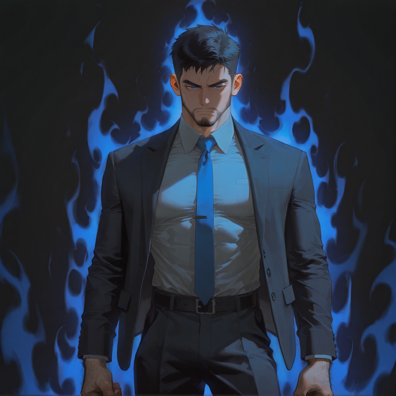 <lora:corrupting_typeB_ill:1.5>, dark aura
 white shirt, black pants, blue tie, black jacket, business suit, serious face, concentrated face,
aixiwuganda_(20222192), (artist:niichi \(niichi21\):0.5), (artist:jezz mons art:0.8), (artist:my eight:0.8), solo, black hair, 
solo, muscular male, bara, mature, asian, hairy, hairy body, (very short hair), male focus,
very awa, masterpiece, best quality, absurdres, newest, perfect quality, detailed background, intricate details,
<lora:slider_Body Type_alpha1.0_rank4_noxattn_last:2><lora:style_Anime Summer Days 2 Style SDXL_LoRA_Pony Diffusion V6 XL:.6><lora:style_Low-Key Lighting Style - pony:.5>, DARK, DARK BACKGROUND, LOW-KEY LIGHTING <lora:slider_cfg_scale_boost:.7>