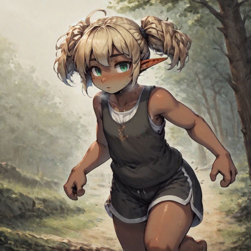 ASCIILapanya, 1 person, 3/4 angle, solo, pointy ears, ((snout nose)), flat chest, fully grown adult, stocky physiq, slightly chubby belly, bangs, ((dark tan skin)):1.2, blonde hair, twintail hair, wavy hair, wide hips
((loose sleeveless tunic, loose knee-length shorts))
 ((jogging, sweating, breathing heavily)), small nostrils, ((3 fingers)), outdoors, fully clothed, clean lines, highly detailed face, motion blur, high quality, best quality, masterpiece quality, snapshot, rating: g