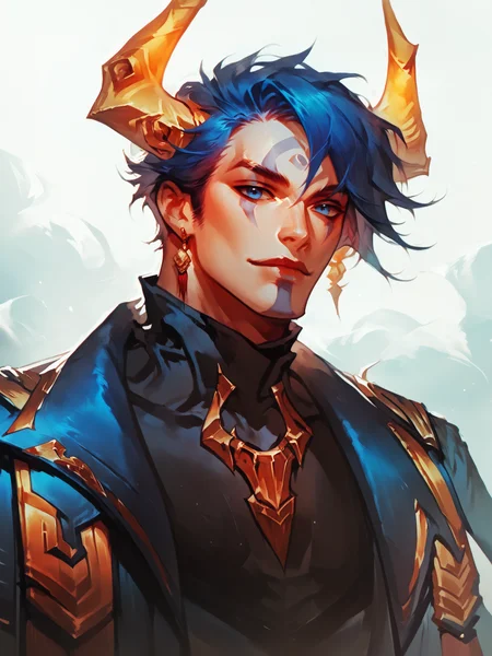 score_9, score_8_up, score_7_up,  ApheliosLB, 1man, solo, face makeup, blue eyes, short blue hair, two gold horns,trying on a classic suit in the studio, concept art <lora:ApheliosLB:1>  <lora:Concept Art Style SDXL_LoRA_Pony Diffusion V6 XL:1>