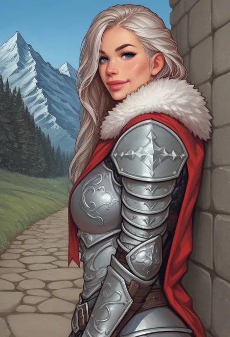 1girl, ((side view))), looking at viewer, highly detailed, from front, 1girl, highly detailed, skinny, looking at viewer, 1girl, masterpiece, best quality,
raw, masterpiece, extremely detailed, hyperrealism, photo, perfect anatomy, magnificent young warrior, full body, dramatic lighting, shadow play, romantic, heroism, epic, determination, proud, eternal beauty, detailed face, very long hair, very dark brown hair, beautiful blue eyes, battlefield background, massive plate armor, masculine body, muscular, heavy arms armor, red cape, fur collar, sword, BREAK
slight smile, looking at viewer, fur coat, dynamic pose,
BREAK
long hair, silver hair, hair over one eye, blue eye, big hair, dynamic pose
BREAK
best quality, depth of field, bokeh, (((full clothed))), ((ready to fight, holdind big sword in hands, big two-handed sword in hands)), highlander
BREAK
(((((snow, stones, mountains))))) score_9, score_8_up, score_7_up, score_6_up, source_cartoon, rating_explicit, Expressiveh, (((((upper body))))), dynamic pose