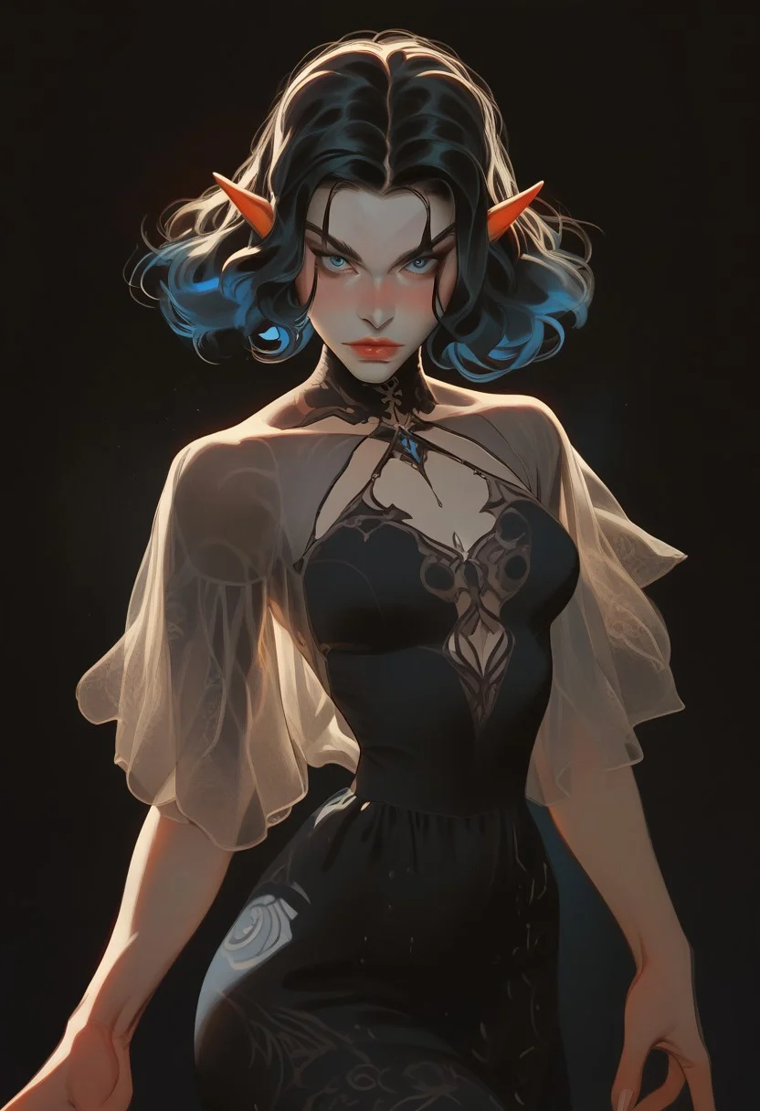 score_9, score_8_up, score_7_up,
1 girl, solo,
elf woman, beautiful, delicate,
black hair,
pale skin, milky skin,
light blue eyes, looking at viewer,
petite body,
dark blue intricate dress,
dynamic pose, sexy posing,
fantasy, elvish style,