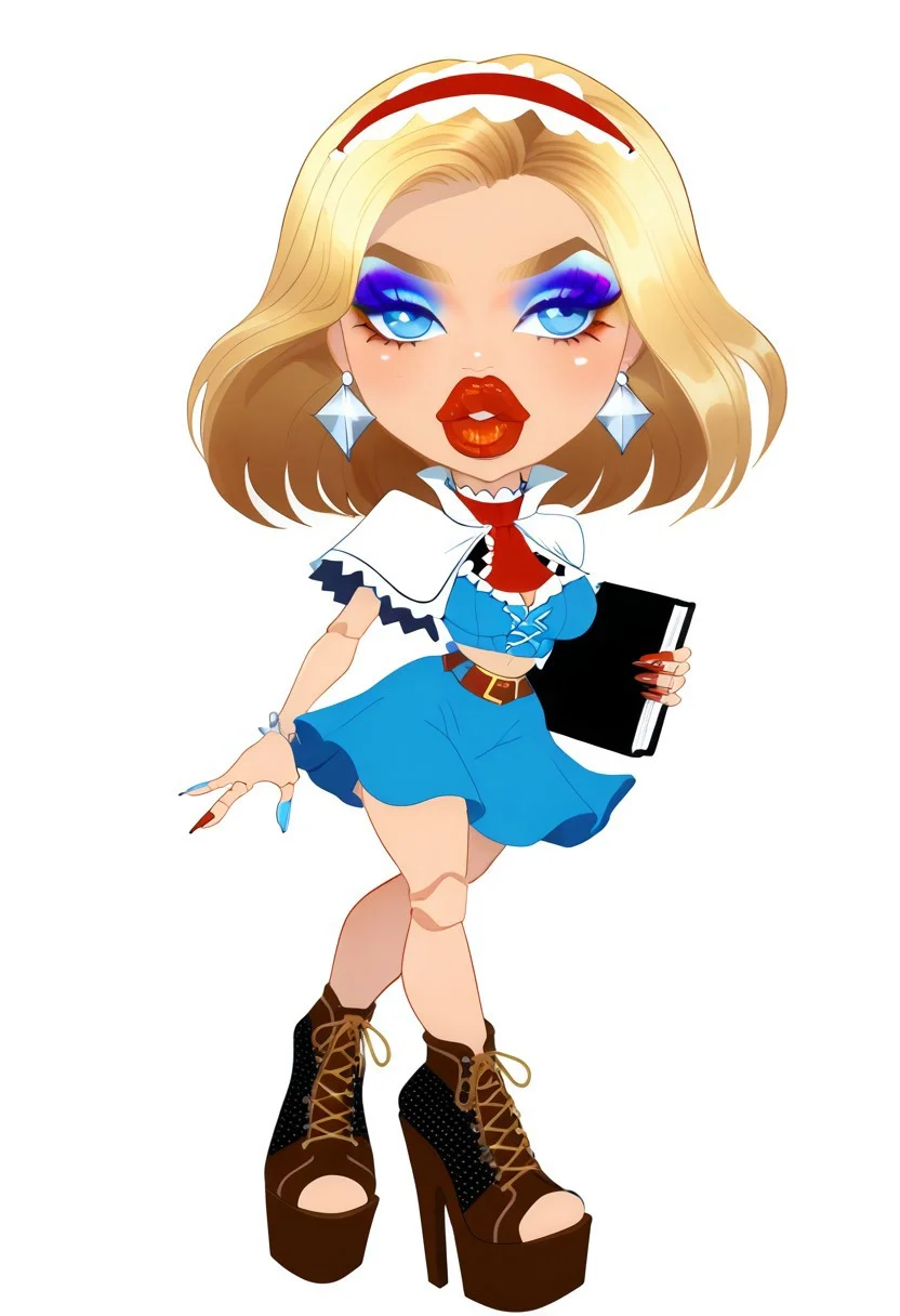 score_9,score_8_up,score_7_up,score_6_up,, bratzxl,Bratz doll with detailed eyes and big lips and brown curly rococo hair wearing versace colorful flowers black dress , breasts, full body , plastic skin , (((doll joints))), (masterpiece, top quality, best quality, beautiful and aesthetic:1.2), (((alice margatroid))), (((doll))), chibi, bimbo, (((big head))), alice margatroid, medium hair, blonde hair, blue eyes, ,red hairband, frilled hairband, (((white capelet))), blue dress, frilled dress, frilled ascot, red ascot, puffy short sleeves, brown footwear, cross-laced footwear, grimoire of alice, (((holding book))), boots, beltskirt, hair_between_eyes, midriff, navel, (((makeup))), (((eyeshadow))), blue eyeshadow, eyeliner, thick eyebrows, thick eyelashes, (((thick lips))),(((very thick lips))), bimbo lips, red lips, closed mouth, cowboy shot, (((earrings))), looking to the side, <lora:BratzXL:0.9>, high heel boots, heeled boots, platform heels, slutty_clothes, choker, fishnets, curvy, breasts, spiked choker, jewelry, bracelet, armlet, necklace, anklet, elbow gloves, belt, tube top, lingerie, cleavage