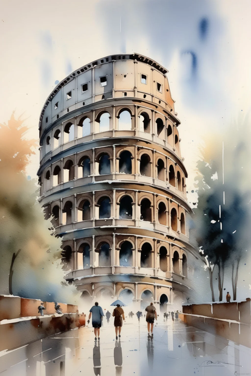 <lora:Thomas Schaller Style:1>Thomas Schaller Style - Using graceful brushstrokes, an artist brings to life a tranquil watercolor scene showcasing the iconic Colosseum of Rome. Colosseum, meticulously detailed in pristine white, command attention as it emerge from a sea of softly blended whites and pale blues, evoking a sense of serenity and mystery