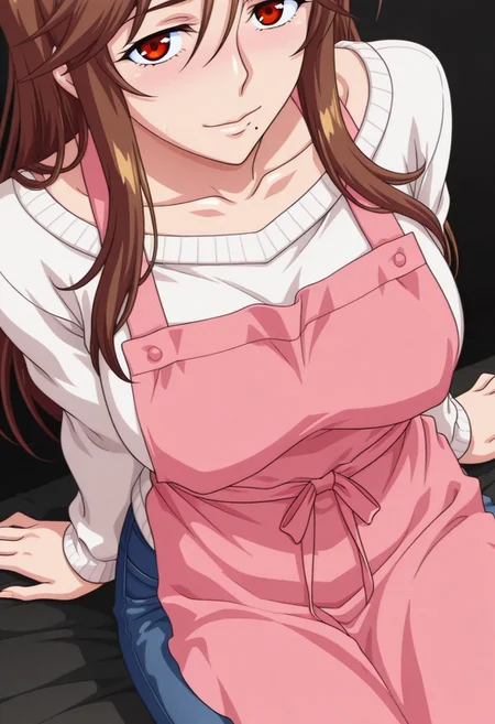 (anime screencap:1.2), (anime coloring:1.2), perfect quality, best quality, absolutely eye-catching, masterpiece, absurdres, (((simple black background))), dynamic lighting, cowboy shot, looking at viewer, 1girl, solo, eroskyouko, red eyes, long hair, brown hair, hair between eyes, mole under mouth, collarbone, sweater, white sweater, apron, pink apron, pants, denim, sitting, from above