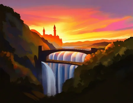 by carl newman, castle, bridge, mountains, waterfall, sunset, scenery, no-humans, masterpiece, best quality, newest, absurdres, highres