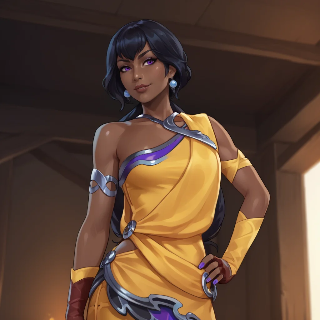 <lora:nilahlol_pony_v1:.8> nilah, 1girl, very dark skin, dark-skinned female, earrings, jewelry, black hair, purple eyes, dress, lips, armlet, nail polish, fingerless gloves, bare shoulders, cowboy shot