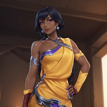 <lora:nilahlol_pony_v1:.8> nilah, 1girl, very dark skin, dark-skinned female, earrings, jewelry, black hair, purple eyes, dress, lips, armlet, nail polish, fingerless gloves, bare shoulders, cowboy shot