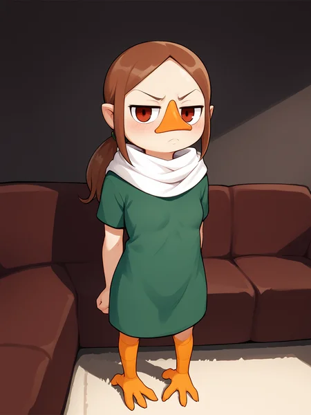 score_9, score_8_up, score_7_up, (disgust, frown, arms at sides, blush, ), <lora:Medli:0.9>, brown hair, ponytail, beak, bird feet, young, small breasts, flat chest, looking at viewer, room, couch,
green tunic, red tunic, white scarf,