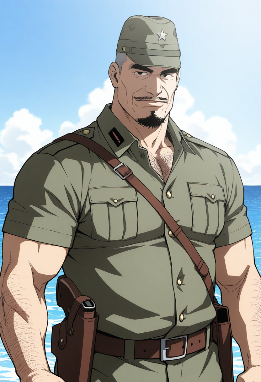 1boy, day, (upper body:1.5), standing, ocean, 
BREAK
<lora:Military_Policeman_from_Hikokumin_by_Gengoroh_Tagame_v0.1:1>
kenpei, old man, buzz cut, goatee, thick eyebrows, chest hair, black eyes, muscular, mustache, manly,
BREAK
military uniform, military hat, shoulder strap, belt, holster,
BREAK
best quality, masterpiece, very aesthetic, absurdres, highest detailed, anime coloring,