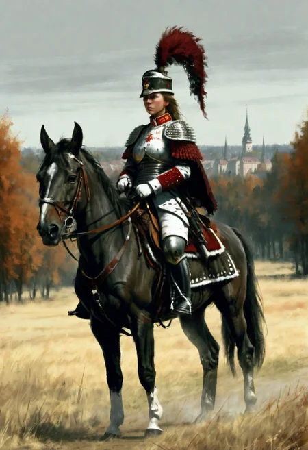 beautiful slim large-breast young heavy-armor female Hungarian hussar, long boots, digital painting in jrst artstyle