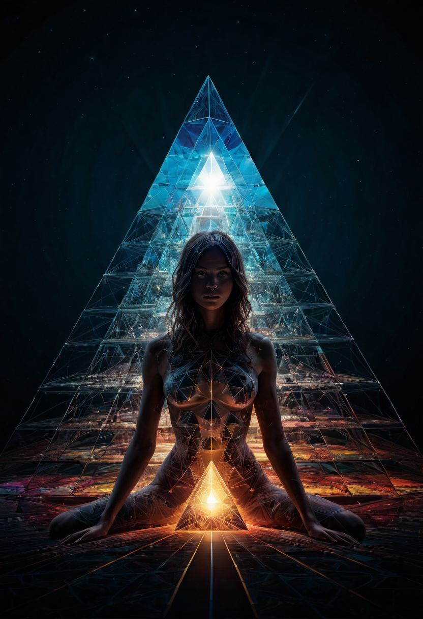 Album cover, mysterious silhouette woman, (light rays, shining on pyramid prism, splitting in rainbow colours, dark side of the moon), goddess, alluring, by Minjae Lee, Carne Griffiths, Emily Kell, Steve McCurry, Geoffroy Thoorens, Aaron Horkey, Jordan Grimmer, Greg Rutkowski, amazing depth, double exposure, surreal, geometric patterns, intricately detailed, bokeh,  perfect balanced, deep fine borders, artistic photorealism , smooth,  great masterwork by head of prompt engineering   <lora:add-detail-xl:2>  <lora:Double_Exposure:0.5>