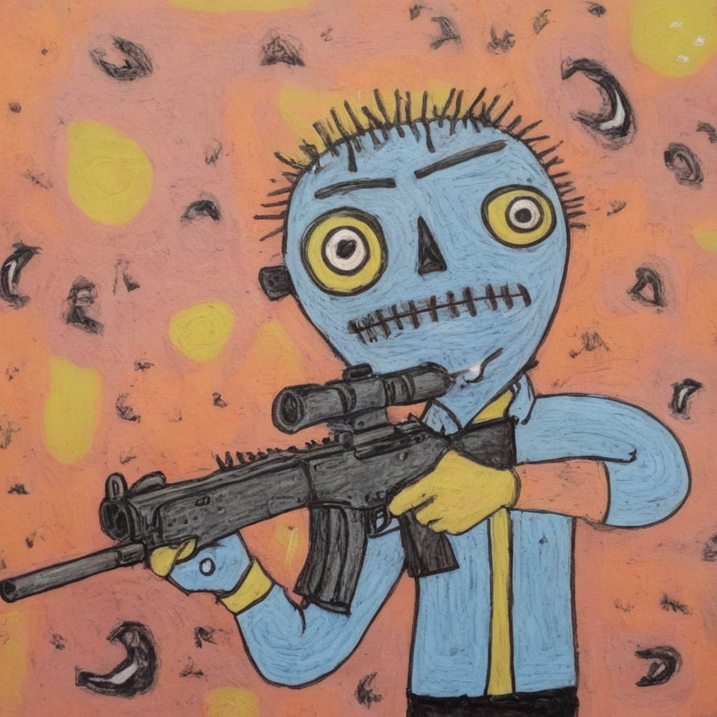 cartoon, stick figures, low quality, poorly drawn, ugly, worst quality, (art brut, outsider art:1.5), deranged and manic MS paint character shooting a rifle with the caption "Brut", badly drawn surrealism that has been childishly smeared with old insanity, (paranoia:1.4), illustration