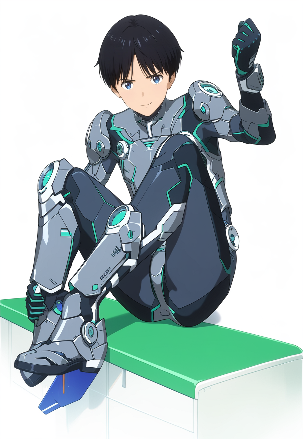 score_9,score_8_up,score_7_up,score_6_up,source_anime,masterpiece,best quality,high-detailed,Ray Tracing,<lora:KOJIMA:1>,1boy,Daisuke DojimaA,blurry ground,blurry,blue eyes,Daisuke DojimaB,male focus,black hair,solo,clenched hand,full body,bodysuit,smile,looking at viewer,white background,armor,simple background,pilot suit,grey footwear,neon trim,gloves,black bodysuit,sitting,(legs up:1.2),