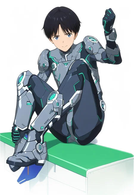 score_9,score_8_up,score_7_up,score_6_up,source_anime,masterpiece,best quality,high-detailed,Ray Tracing,<lora:KOJIMA:1>,1boy,Daisuke DojimaA,blurry ground,blurry,blue eyes,Daisuke DojimaB,male focus,black hair,solo,clenched hand,full body,bodysuit,smile,looking at viewer,white background,armor,simple background,pilot suit,grey footwear,neon trim,gloves,black bodysuit,sitting,(legs up:1.2),