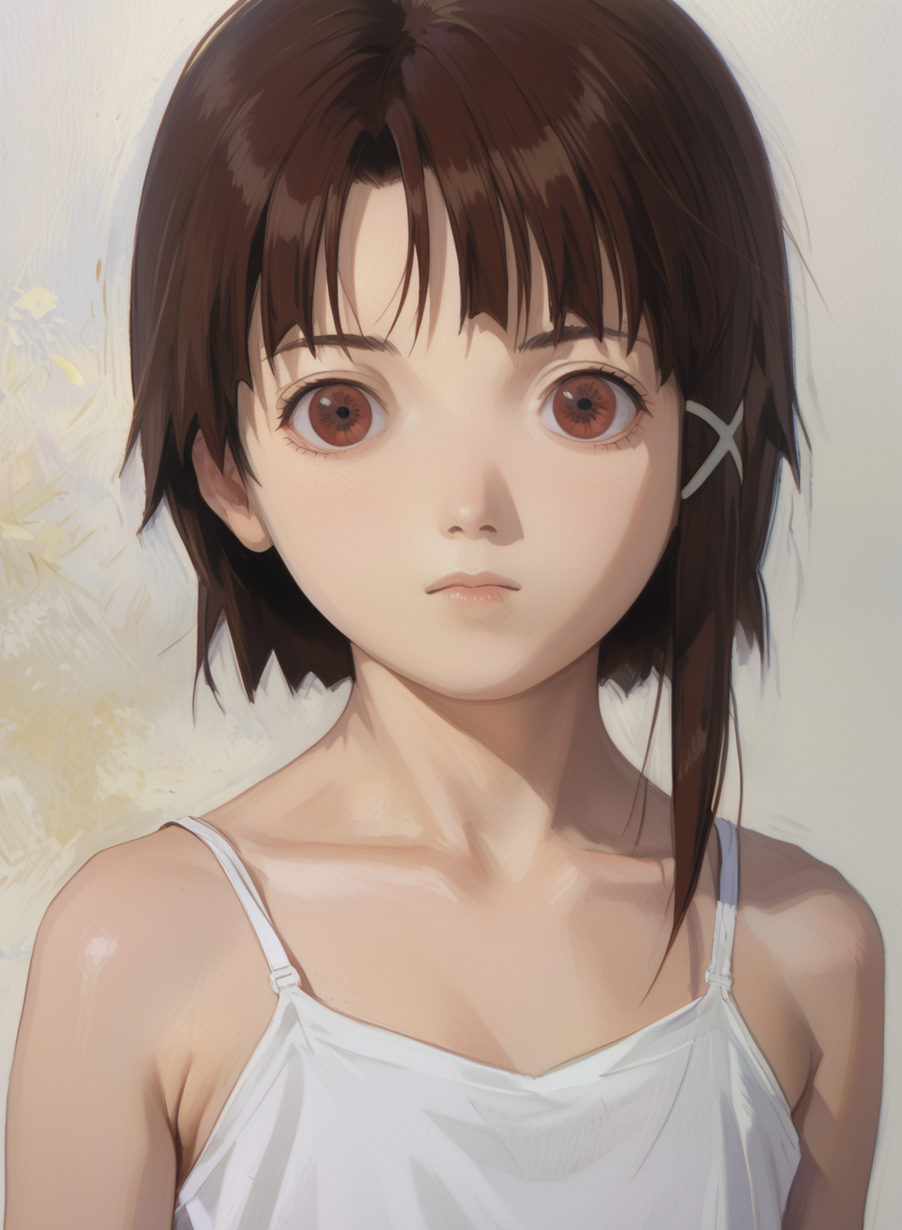 score_8_up, iwakura lain, red eyes, white camisole, brown hair, small breasts, upper body, white background, bare shoulders, collarbone, pale skin, x hair ornament
<lora:Lain_PonyXLv3:0.7>  <lora:sdxl_fkey_v1:0.6> <lora:Impressionism Oil Painting Style LoRA_Pony XL v6:0.4>