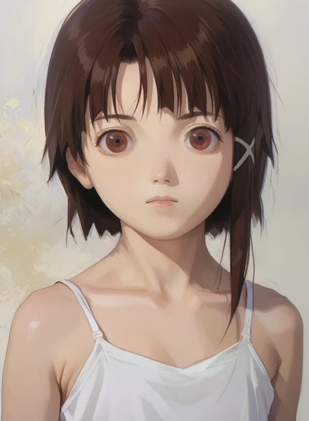 score_8_up, iwakura lain, red eyes, white camisole, brown hair, small breasts, upper body, white background, bare shoulders, collarbone, pale skin, x hair ornament
<lora:Lain_PonyXLv3:0.7> <lora:sdxl_fkey_v1:0.6> <lora:Impressionism Oil Painting Style LoRA_Pony XL v6:0.4>