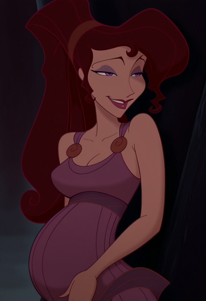 1girl, masterpiece, best quality, amazing quality, absurdres, <lora:Megara__Illustrious:1> m3g4r4, megara (hercules disney), long hair, tied hair, brown hair, purple eyes, purple Greek dress, cleavage, sexy makeup, lipstick, pregnant, smiling, flirtatious, seductive,