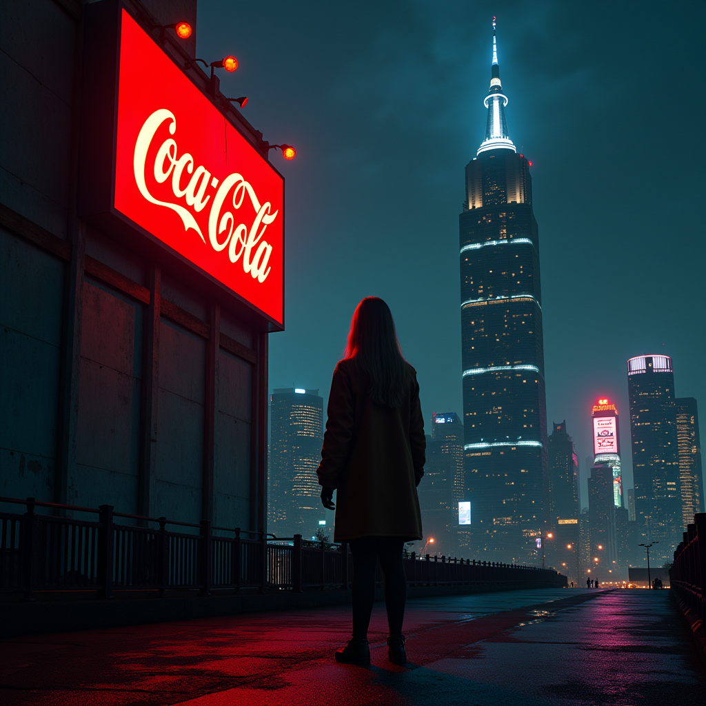 <lora:Chiaroscuro Lighting Style v1:1>
Chiaroscuro Lighting Style of a city with a coca cola sign on the side of it, sharp, detailed, perfect, perfection, realism, cinematic exposure, cinematic color, cinematic contrast, dramatic style, cinematic style, dramatic shadow, partially covered in shadow, Chiaroscuro Lighting Style, 1girl, outdoors, sky, night, building, scenery, city, sign, skyscraper, solo, long hair, standing, science fiction, cityscape, very wide shot, city lights, neon lights