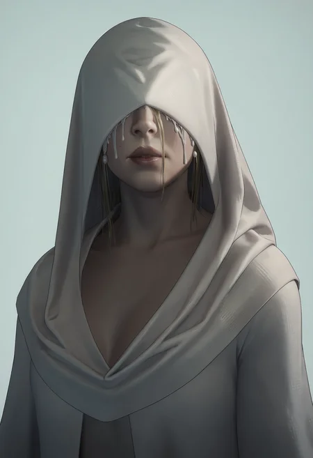 score_9, score_8_up, score_7_up, score_6_up, score_5_up, score_4_up, 1girl, <lora:MyraCastellanosPlaster:0.85> solo, blonde hair, lips, covered eyes, robe, hood, hood up, veil,
light blue background, simple background,
