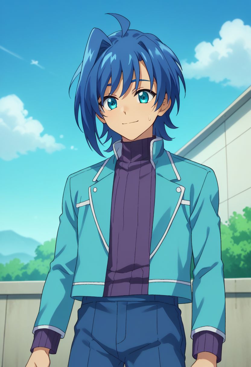 score_9, score_8_up, score_7_up, source_anime, highly detailed, 
aichi, 1boy, male focus, blue hair, solo, blue eyes, smile, ahoge, sweatdrop, turtleneck, purple sweater, blue jacket, long sleeves, blue pants,
outdoor, sky,