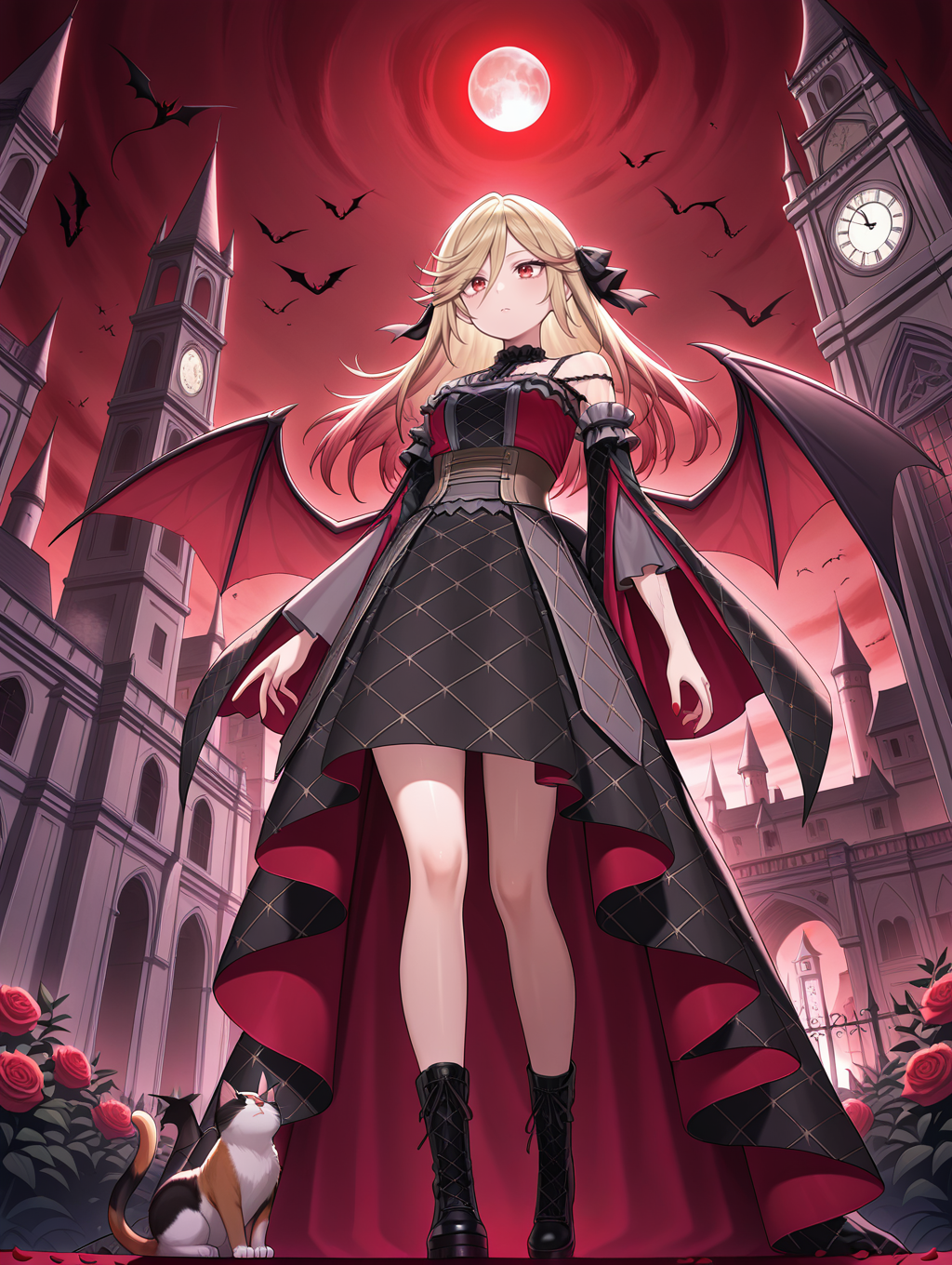 vampire,vampire fraulein,1girl,moon,solo,bat \(animal\),red moon,full moon,castle,holding cat,bat wings,clock tower,rose petals,standing,red rose,outdoors,night sky,full body,red sky,black cross-laced footwear,black frilled sleeves,black frilled dress,black frilled choker,from below,black hair bow,arm at side, 
masterpiece,best quality,amazing quality,very aesthetic,absurdres,newest,<lora:Vampire Fascinator, Fraulein & Sucker illusXL v1:0.75>,