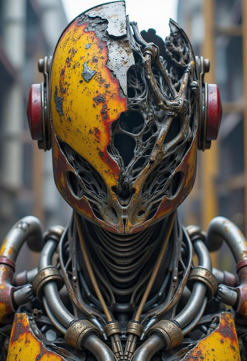 intricate yfg-patt3rn of, A hyper-realistic portrait of a damaged, biomechanical cyborg male, facing the viewer. His rusted, broken helmet, with peeling yellow, red, and black paint, reveals corroded metal beneath. No eyes or mouth are visible behind the split face shield. His exoskeleton fuses with alien tissue, combining decayed metal, cracked bone, and organic material. The body is covered in pipes, tubes, and cables, adding to his menacing. The background is a post-apocalyptic industrial landscape, subtly contrasting with the rusted, decayed killer machine