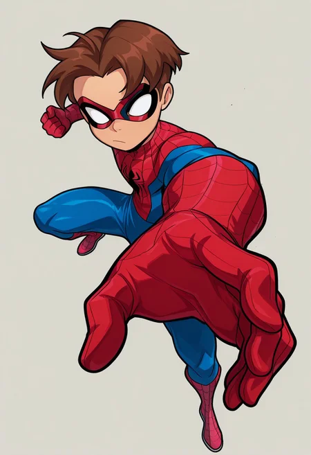 masterpiece, arwe, dynamism, foreshortening, best quality, amazing quality, very aesthetic, absurdres, newest, 1boy, solo, cute boy, male focus, Brown Hair, Spiderboy, bodysuit, red bodysuit, blue bodysuit, domino mask, no pupils, white eyes, simple background, dynamic pose, action pose, heroic pose