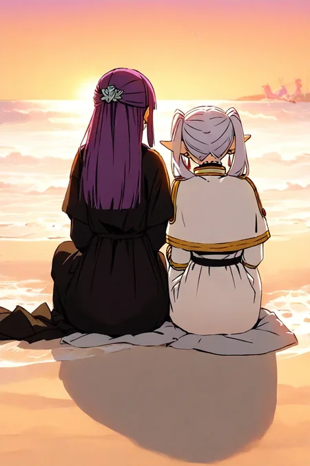 <lora:sitting_couple_IllustriousXL-000006:1>,masterpiece, highres, sitting , side-by-side, beach, sand, sea, sunset, from behind, BREAK <lora:fern-s1-ponyxl-lora-nochekaiser:0.6>, 1girl, fern, long hair, bangs, purple hair, sidelocks, blunt bangs, bright pupils, half updo, long sleeves, dress, white dress, long dress, robe, black robe, BREAK <lora:frieren-ponyxl-lora-nochekaiser:0.6> ,1girl, frieren, long hair, twintails, grey hair, pointy ears, elf, shirt, long sleeves, jewelry, pantyhose, earrings, striped, black pantyhose, capelet, white striped shirt, skirt, white skirt,