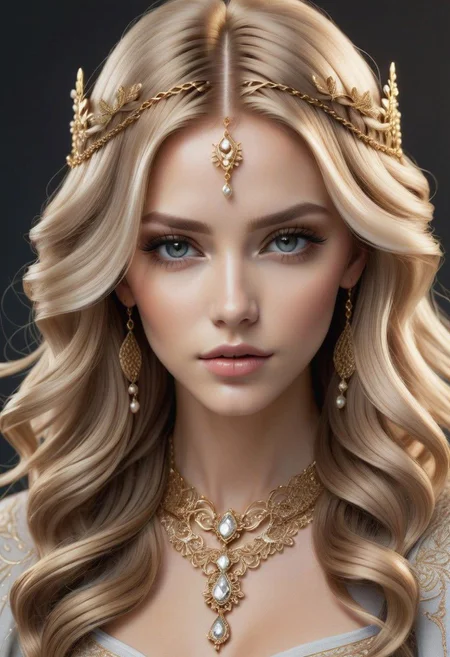 goddess of beauty and love, scandinavian, sharp focus, long caramel blondy hair complex hairstyle, grey eyes, by WLOP, intricate detail, with gold chain and jewelry, high contrast