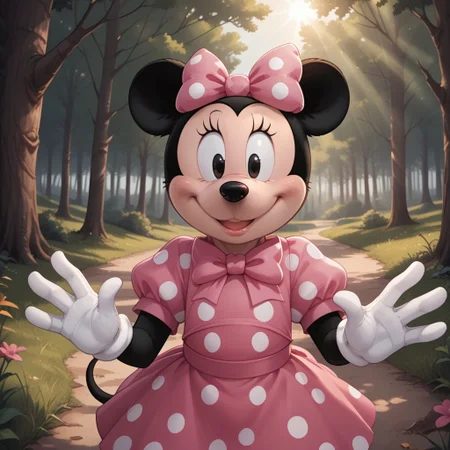 score_9, score_8, BREAK, solo, Minnie Mouse, mouse ears, thin black mouse tail, black fur, white gloves, pink bow with white polka dots on head, black eyes, long eyelashes, black nose, black fur body, cream colored face, self portrait, smile, looking at viewer, outdoors, sunlight, shadows, evening lighting, natural lighting, forest, trees, grass, orange sky, sunset