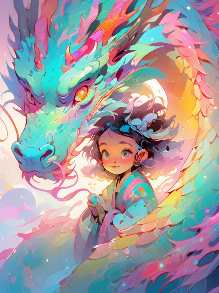 1 eastrn dragon surrounds the little girl,colorful,Symphony,shiny and glossy,bright color,brian kesinger,luminous color palette,Bright color combination,in the style of psychedelic manga,cyan and pink style,lridescent,<lora:Symphony_dragon:1>,