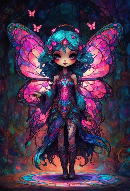 CreepyCuteMagical, A mischievous fairy with butterfly wings made of stained glass. Her wings shift colors as she moves, reflecting shades of neon pink, purple, and blue. She carries a tiny lantern filled with swirling magic.