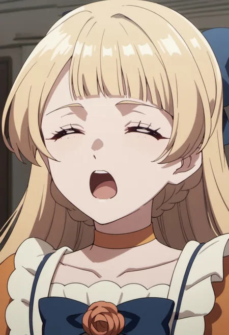 score_9, score_8_up, score_7_up, source_anime, tiara royal ivy, long hair, blonde hair, yellow eyes, 1girl, solo, closed eyes, open mouth, anime coloring, bow, hair bow, choker, blue bow