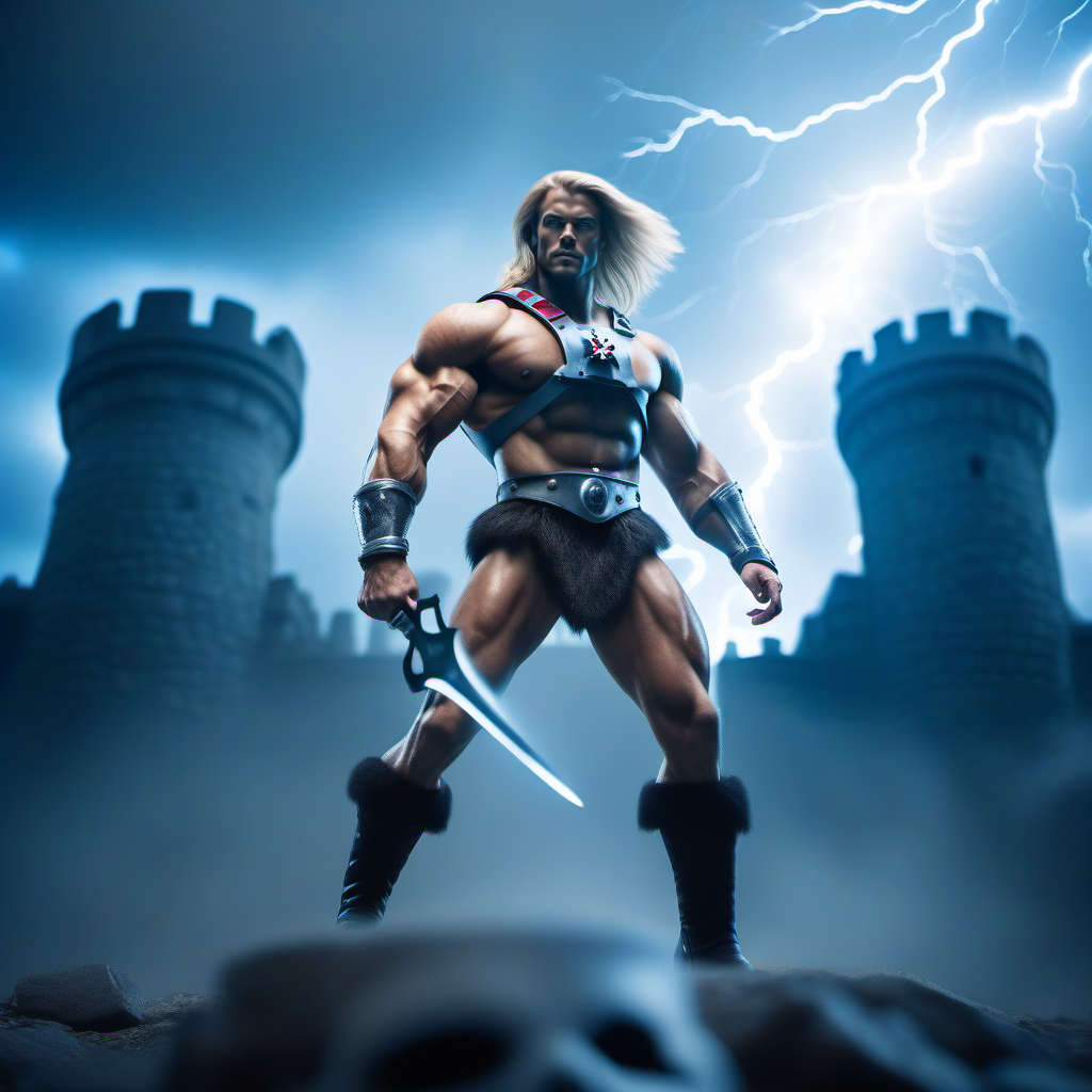 cinematic film still a muscular man, blond long hair, blue eyes, boots, manly, armor, energy sword, skullcastle background, lightning <lora:He-man1024:0.8> . shallow depth of field, vignette, highly detailed, high budget, bokeh, cinemascope, moody, epic, gorgeous, film grain, grainy