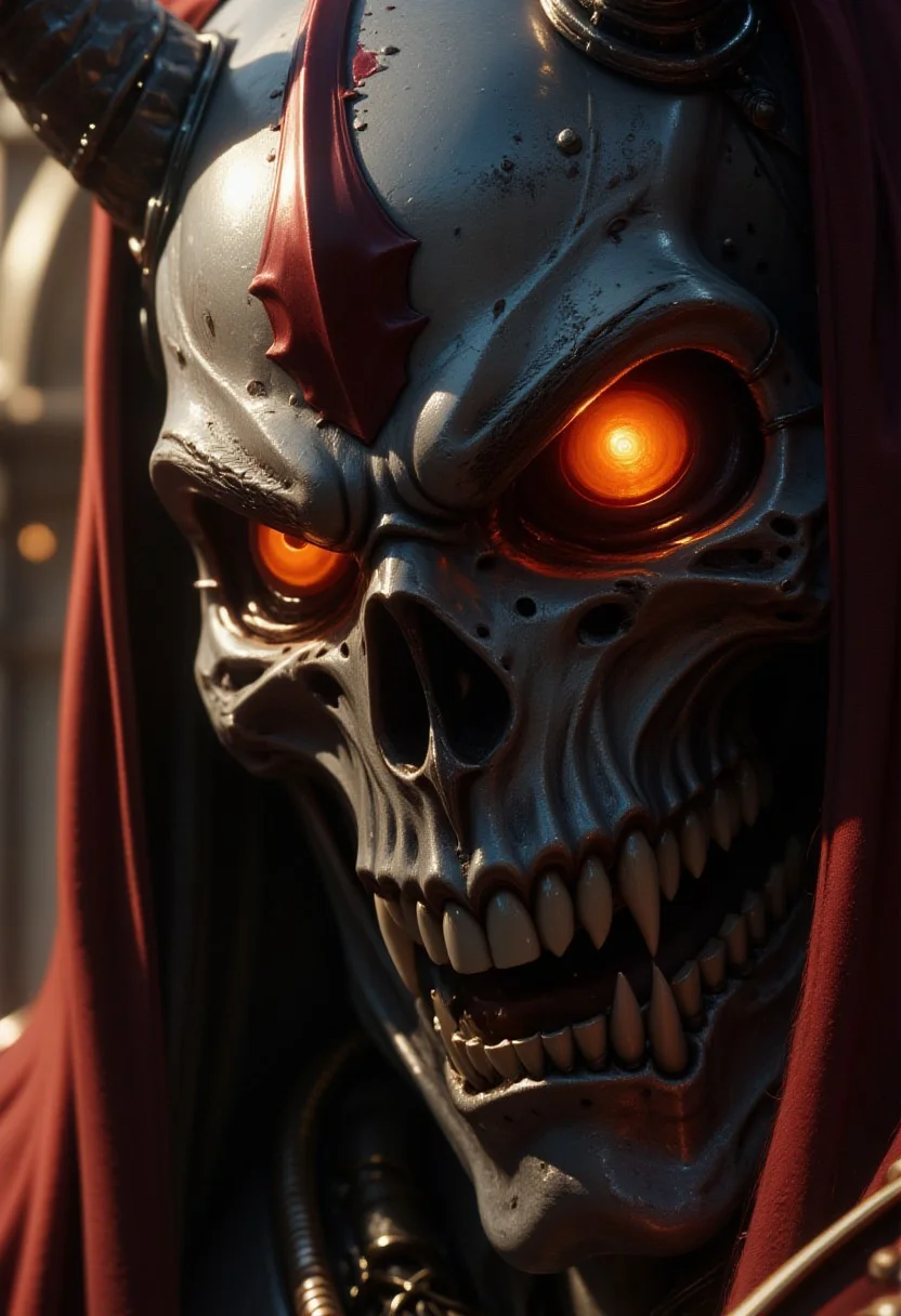 hkstyle, G0thicL1nes, devil armor, photorealistic extreme closeup image of the face of a cyborg robotic warrior, featuring a skull-like mask, glowing robotic eyes, and robotic cables and joints, side-lit