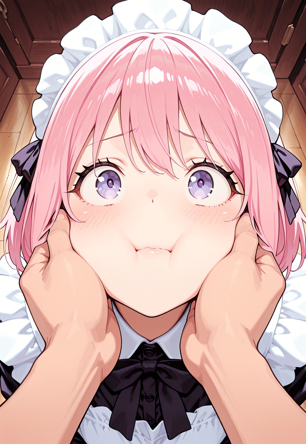 1girl/1boy, general, solo, short hair, pink hair, purple eyes, maid outfit, nervous, light blush, top view, looking up at viewer, POV, cheeks pull, hands pulling cheeks, masterpiece, very aesthetic, absurdres