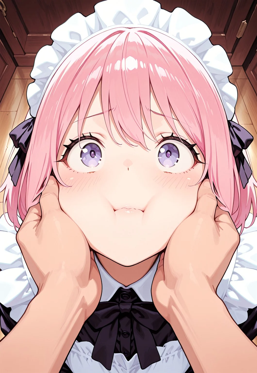 1girl/1boy, general, solo, short hair, pink hair, purple eyes, maid outfit, nervous, light blush, top view, looking up at viewer, POV, cheeks pull, hands pulling cheeks, masterpiece, very aesthetic, absurdres