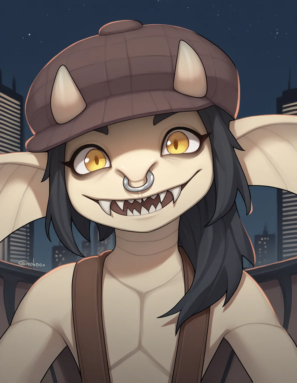 score_9, score_8_up, score_7_up, score_6_up, score_5_up, score_4_up, source_furry, source_safe, onsho, ivy \(deadlock\), deadlock, valve, gargoyle, 4 fingers, anthro, big ears, black hair, clothed, facial piercing, fangs, female, fingers, hair, hat, headgear, headwear, horn, long ears, looking at viewer, nose piercing, nose ring, piercing, ring piercing, septum piercing, septum ring, sharp teeth, smile, solo, teeth, wings, detailed background, outside, city, night, dark background, detailed background, new york, tan body, (headshot portrait, portrait, close-up, face closeup:1.3), suspenders
<lora:ivy-deadlock-v2_pdxl:1>