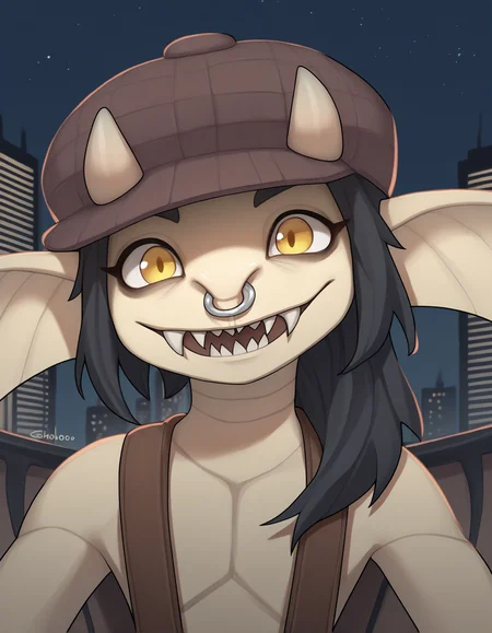 score_9, score_8_up, score_7_up, score_6_up, score_5_up, score_4_up, source_furry, source_safe, onsho, ivy \(deadlock\), deadlock, valve, gargoyle, 4 fingers, anthro, big ears, black hair, clothed, facial piercing, fangs, female, fingers, hair, hat, headgear, headwear, horn, long ears, looking at viewer, nose piercing, nose ring, piercing, ring piercing, septum piercing, septum ring, sharp teeth, smile, solo, teeth, wings, detailed background, outside, city, night, dark background, detailed background, new york, tan body, (headshot portrait, portrait, close-up, face closeup:1.3), suspenders
<lora:ivy-deadlock-v2_pdxl:1>