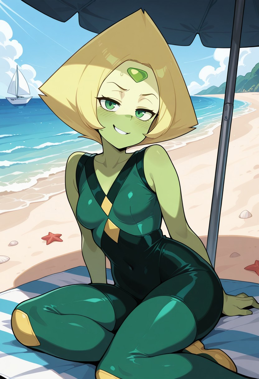 score_9,score_8_up,score_7_up,score_6_up,best quality,masterpiece, 
background is beach, ocean, beach towels, rocks, sailboat, sunny day,
((cinematic lighting)), (shading),
BREAK
1girl, solo, Perfect Body, (Perfect Anatomy:1.0),  peridotILL, green skin, yellow visor, green eyes, green forehead gem, diamond-shaped hair, yellow hair, small breasts, (young), ((cute)), (short),,dark green and black bodysuit, v-neck body suit, covered breasts, shoulders exposed, bare arms, sleeveless bodysuit, 
sitting on beach towel, looking at viewer, coy smile, seductive, teasing, flirting,