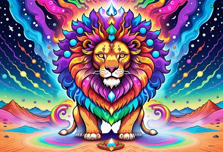 A huge incredible lion is walking along the colorful psychedelic dunes of ((desert)). the lion's mane shimmers with all the colors of the rainbow. it feels like a lion is burning with a multicolored flame. background: ((black night)) with rare large stars. the inscription on the picture: "Graógramán" (the whole picture resembles an acid trip. front view)