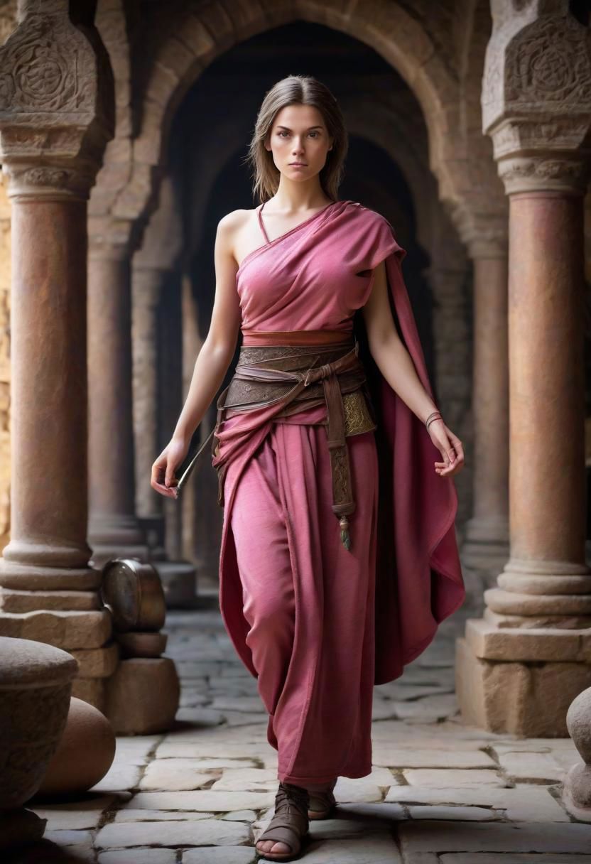 (photo:1.75) (D&D character) tan (Age 21) (monk/fire sorceress:1.23) (shorter hair, light brunette:1.23) (5'8) (130lbs) (28B-23-31 figure:1.24) makeup (sliver/pink attire:1.2) athletic (medium breasts)  (blue eyes) in monastery full body real life like HDR